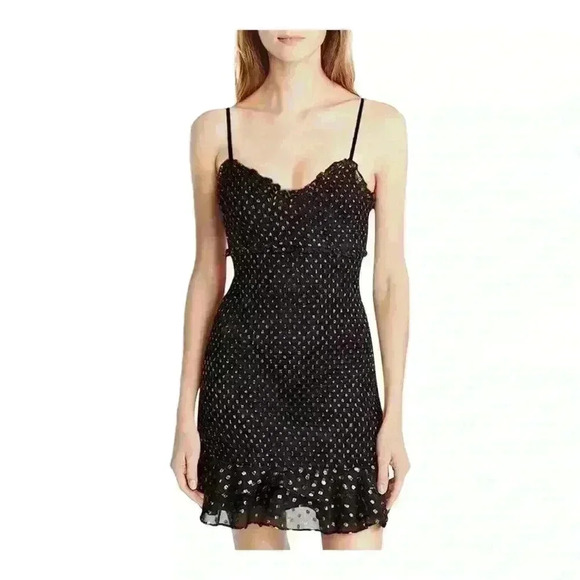 LIKELY Zephra Allover Smocked Black Gold Polka Dot Drop Ruffle Mini Dress 8 - Picture 1 of 10